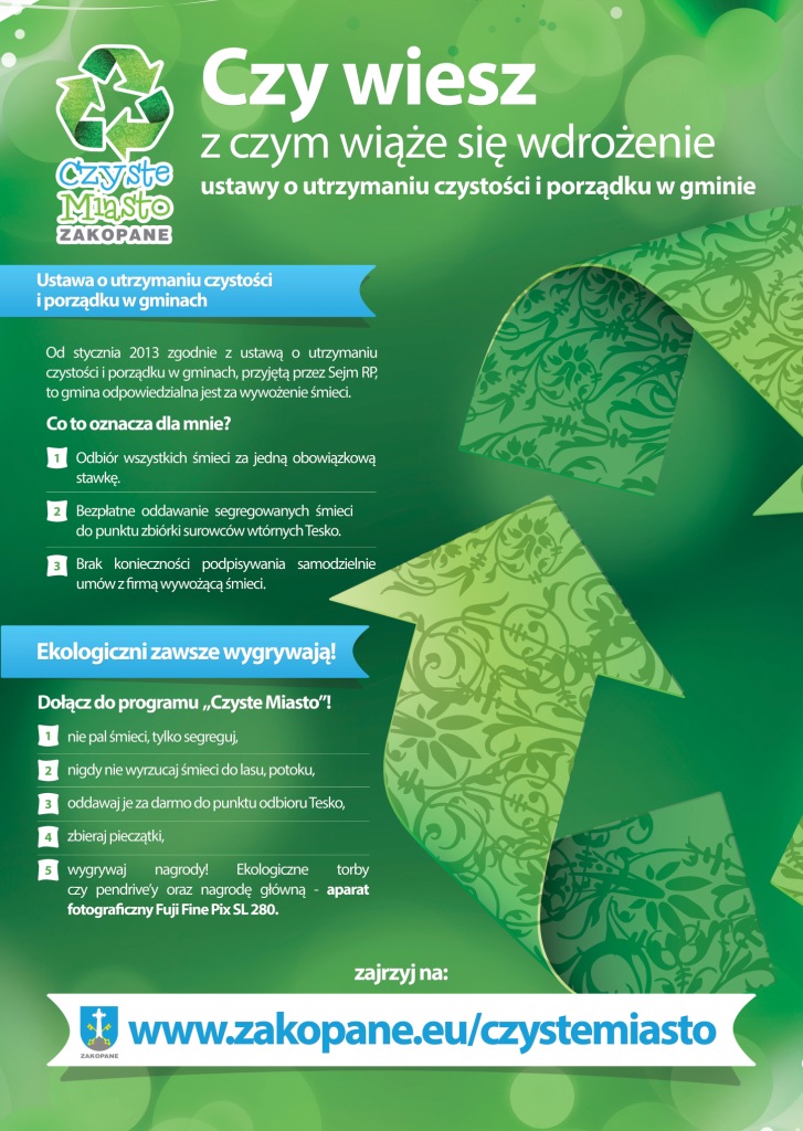 Plakat zachęcający do wzięcia udziału w pilotażowym programie dotyczącym segregowania śmieci w Zakopanym